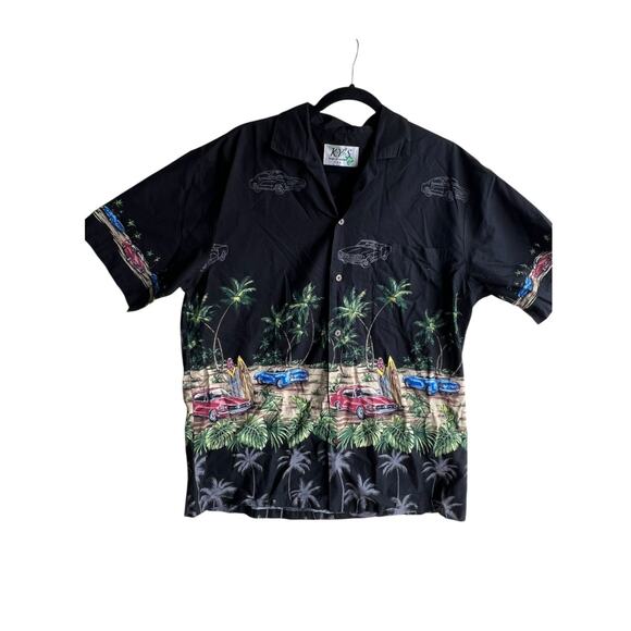 Vintage 80s Kys Hawaiian Shirt Men's Black Tropical Muscle Cars Palm Tree LARGE - Picture 1 of 7